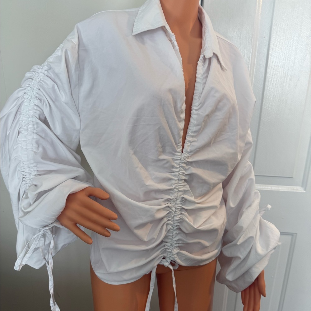 Truth White Ruched Drawstring Button-Down Shirt